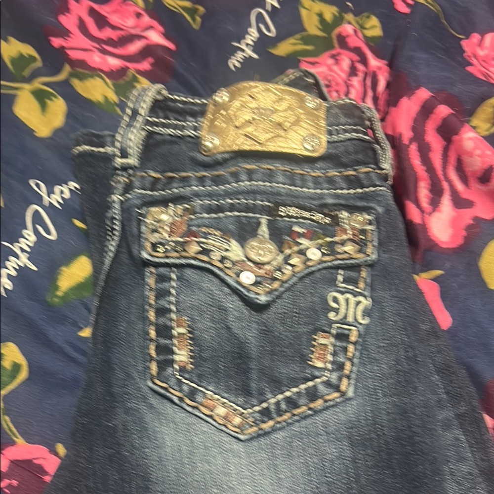 Embellished Blue Jeans with Gold Accents